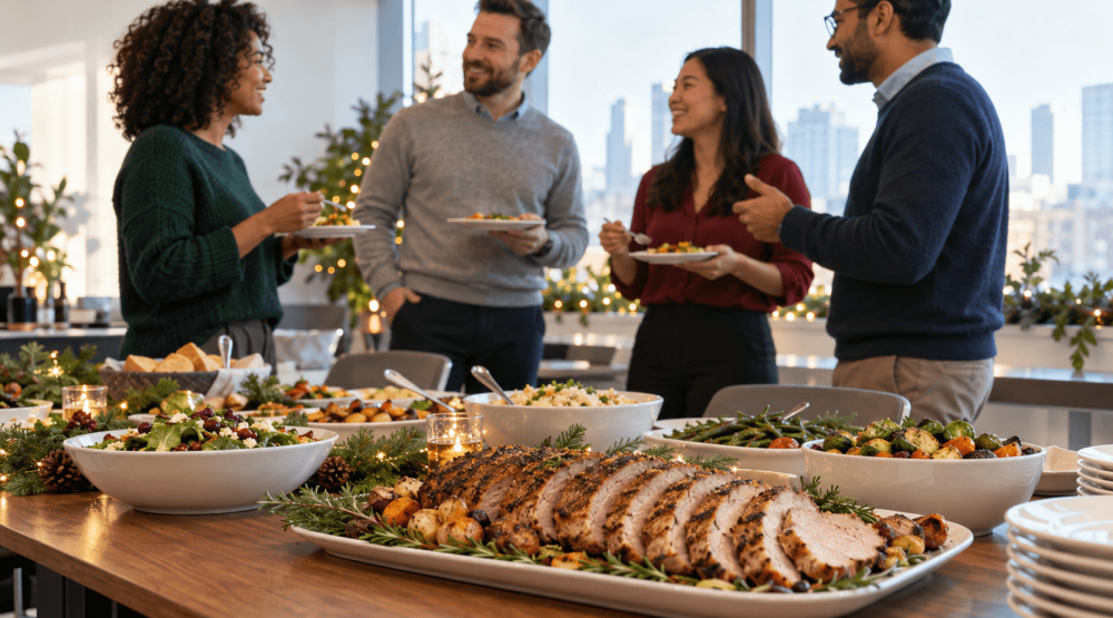 Coworkers gathering around an office holiday buffet with sliced roast pork, rice, salads and vegetables.