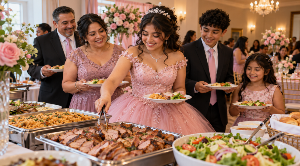 Quinceañera celebrant in a pink gown serving roast pork at a buffet with her family.