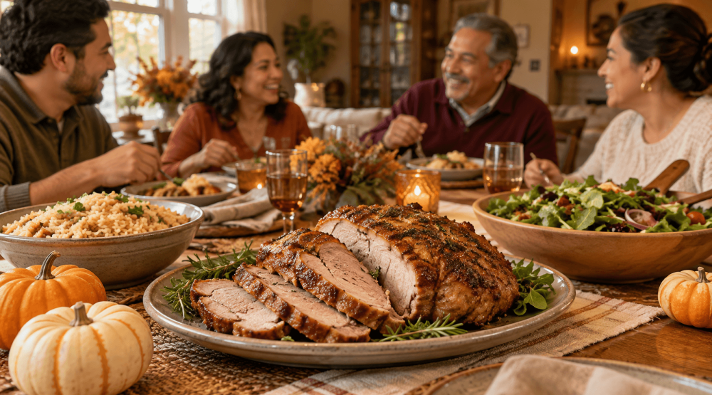 Sliced roast pork, rice and salad on an autumn table with family gathered for dinner.