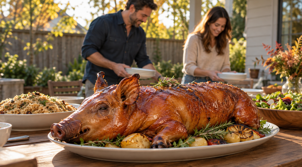 Whole roast pig with rice and salad at an outdoor gathering as two hosts arrange plates.